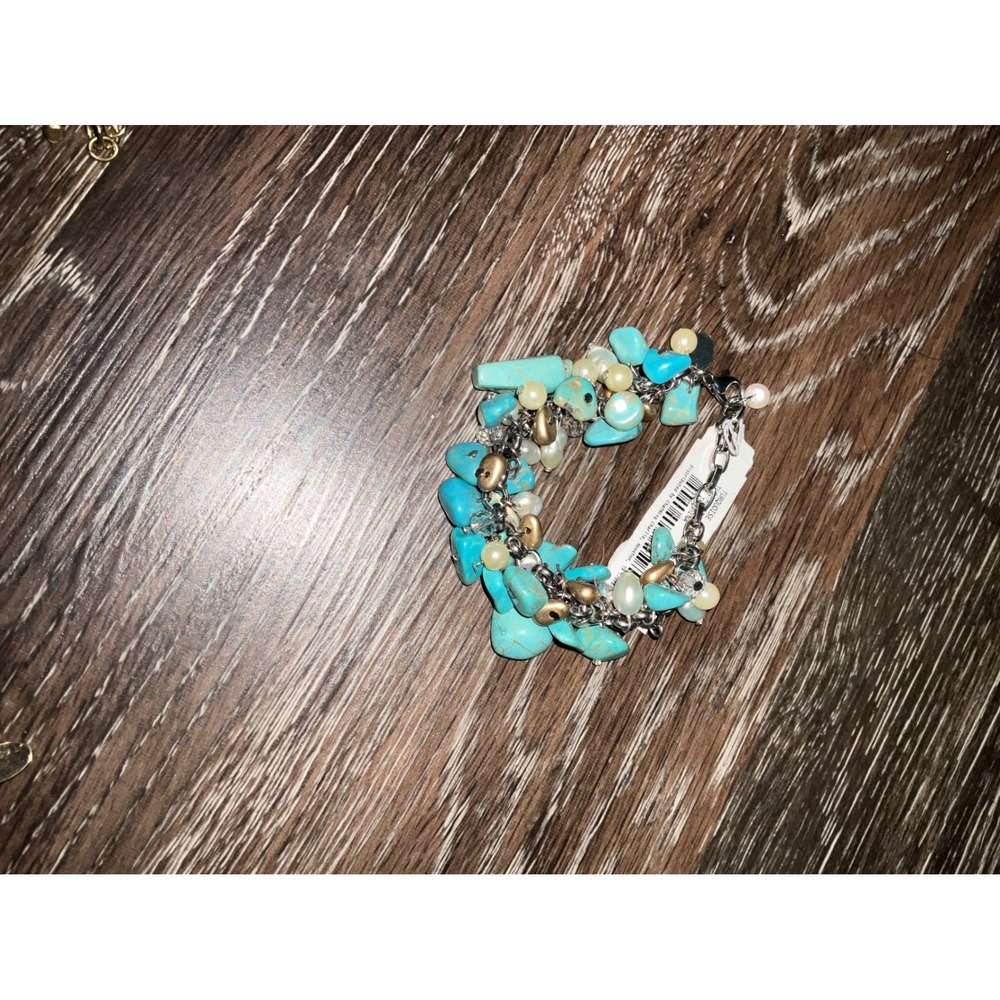 Charming Charlie Bracelet Turquoise Faux Pearl Gold Accent Boho Stretch Multi